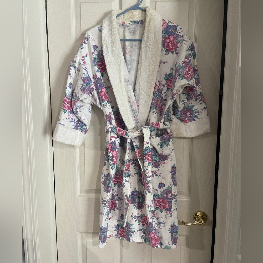 Vintage 70s/80s Granny Floral Cotton Terry Cloth Tie Wrap Robe‎ W Pockets OSFM